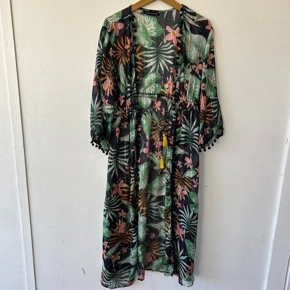 Club Z Collection‎ Swim Coverup Womens Medium Black Floral Tie Front Maxi Kaftan